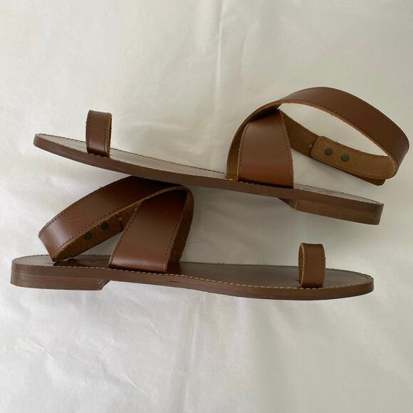 J. Crew Leather Ankle Wrap Sandals Size 10.5 Tan Brown Flat Minimalist Neutral - Picture 6 of 10
